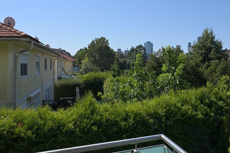 Ausblick vom Balkon über die Gärten bis zur Skyline